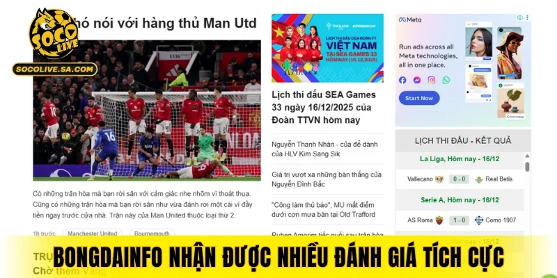 Bongdainfo nhận được nhiều đánh giá tích cực